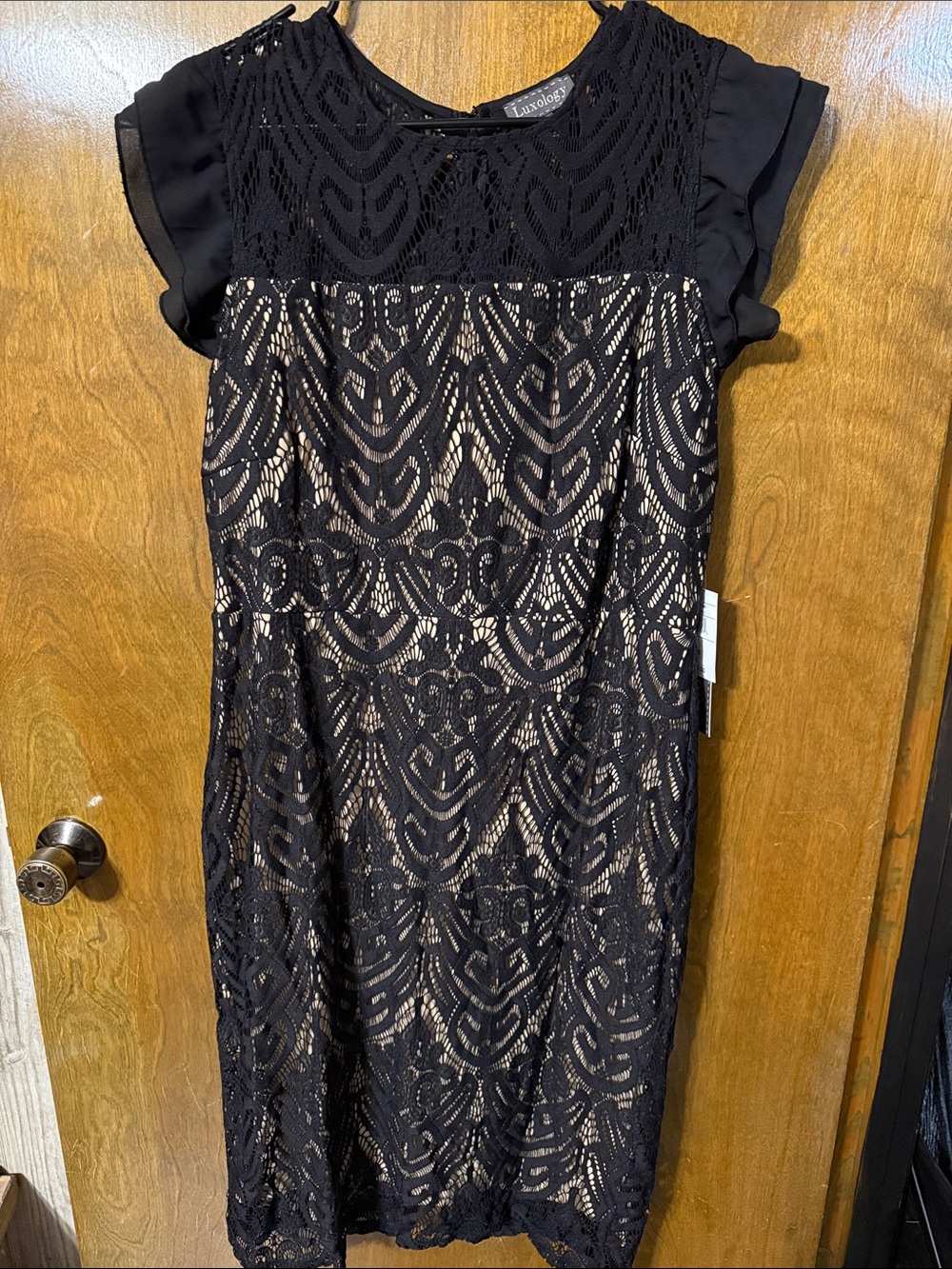 Luxology Black Lace Midi Dress with Nude Lining
